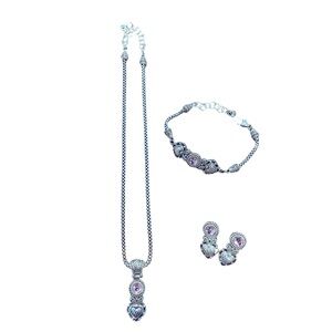 BRIGHTON Necklace,Bracelet& Earrings SilverTone/Pink Glass Stone in each piece.